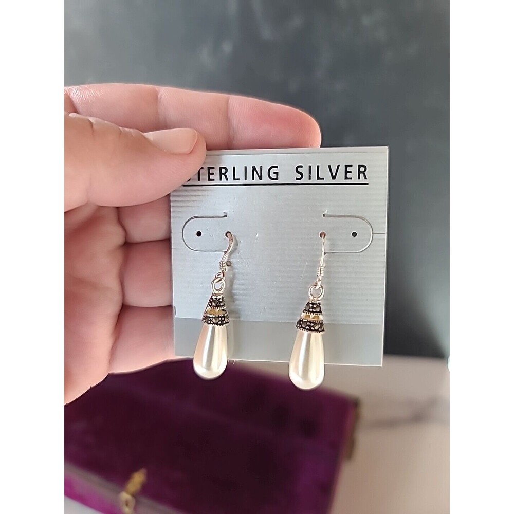 NWT Sterling Silver Dangling Faux Pearl Earrings